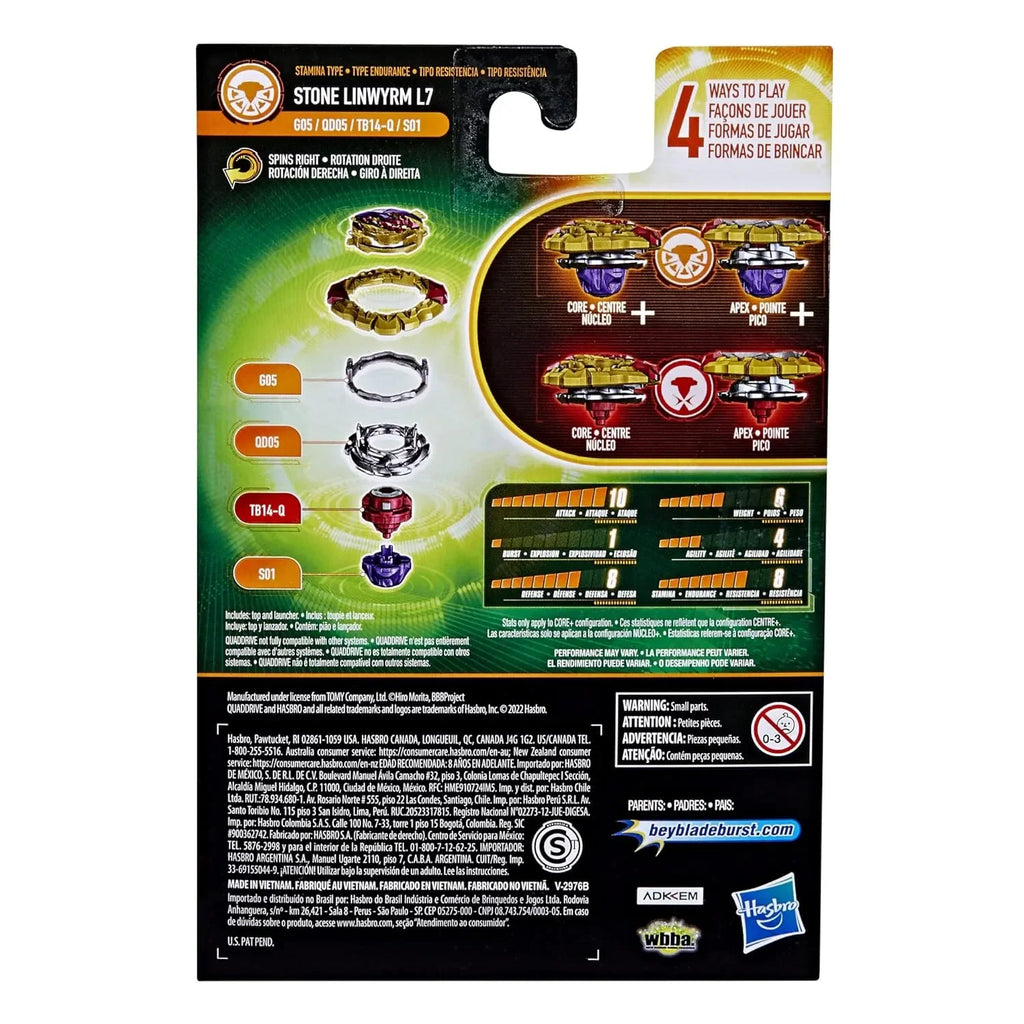 Beyblade Burst QuadDrive Stone Linwyrm L7 Starter Pack – 4-in-1 Customizable Right-Spin Beyblade Top - Naivri