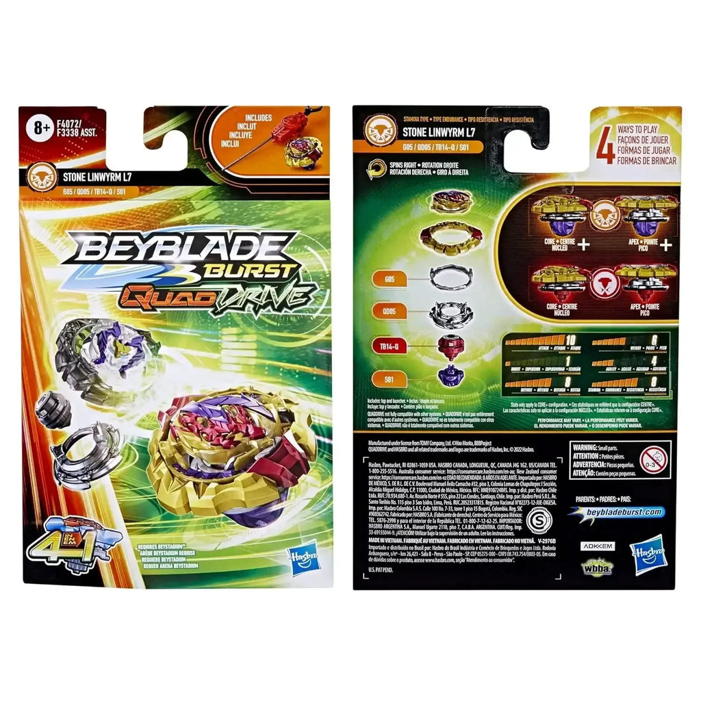 Beyblade Burst QuadDrive Stone Linwyrm L7 Starter Pack – 4-in-1 Customizable Right-Spin Beyblade Top - Naivri
