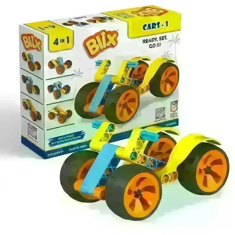 Blix Cars-1 – DIY Robotics Car Building Kit for Kids (Age 5+) | STEM Learning Toy with Large Wheels & Mudguards | Multicolor - Naivri