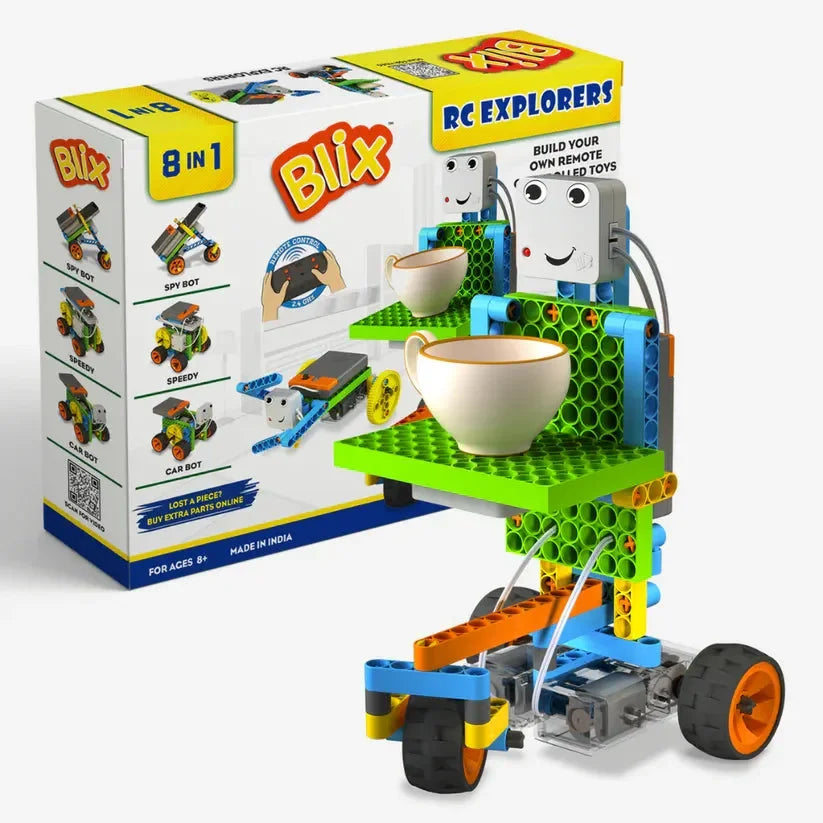 Blix RC Explorers 8-in-1 Remote Controlled STEM Building Kit for Kids | Age 8+ | Spy Bot, Speedy Car Bot, RC Robotics Toy - Naivri