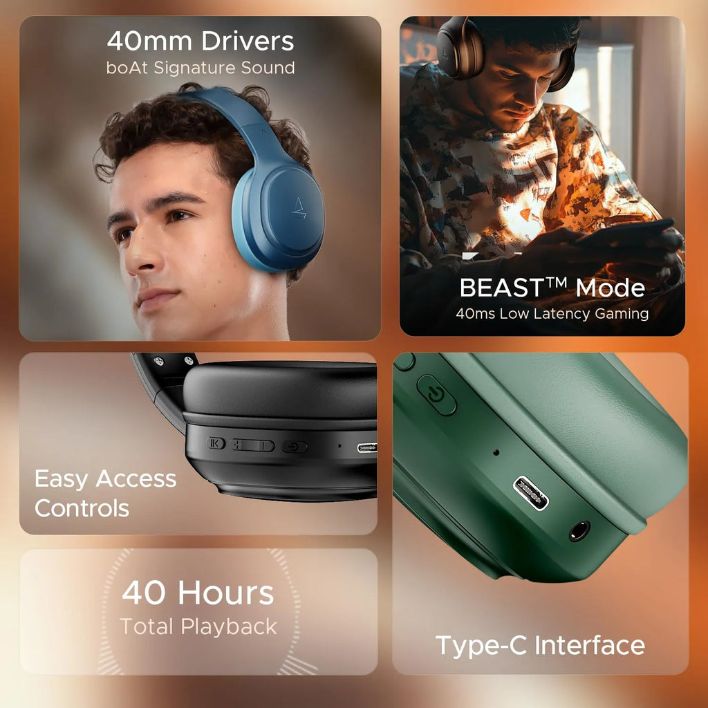 boAt Rockerz 430 Bluetooth Headphones with 40 mm Drivers | BEAST Mode Low Latency | 40 Hours Playtime | Voice Assistant | ENx Noise Cancellation | Bluetooth v5.4 | Adaptive Fit - Naivri