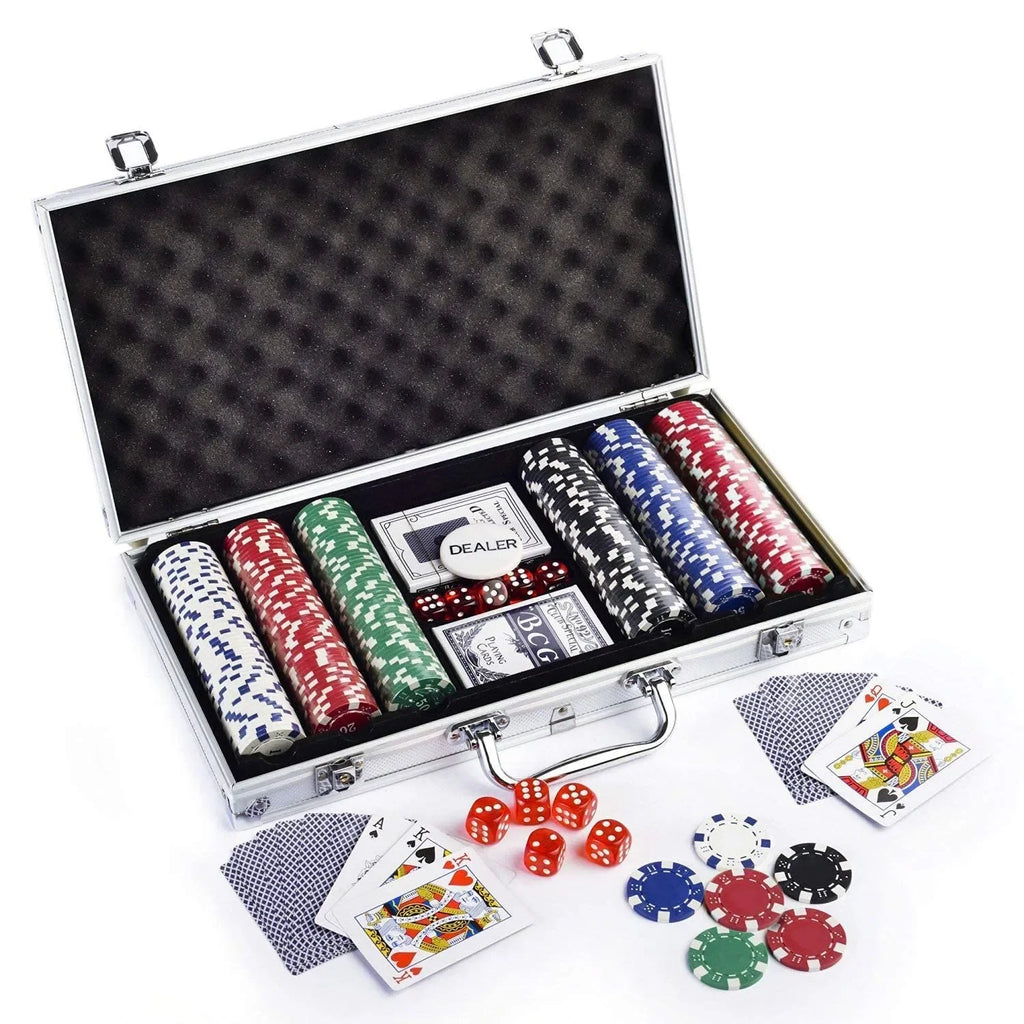 Casino Style 300 Chips Poker Set for Kids | 5-Color Chip Set with Aluminum Case, 2 Decks of Cards, 5 Dice, Dealer Button – Multiplayer Family Game for Beginners - Naivri