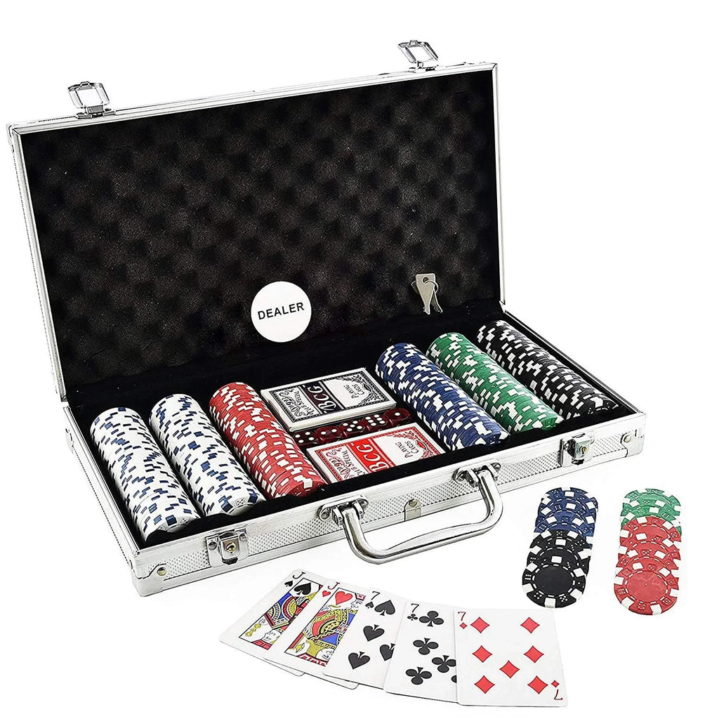 Casino Style 300 Chips Poker Set for Kids | 5-Color Chip Set with Aluminum Case, 2 Decks of Cards, 5 Dice, Dealer Button – Multiplayer Family Game for Beginners - Naivri