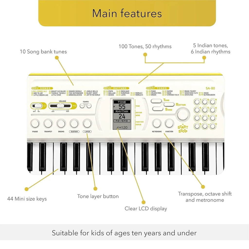 Casiotone Mini Keyboard SA-80 with Piano Tones – White (44 Keys) - Naivri