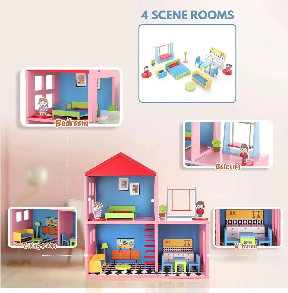 Chanak Wooden Doll House with Furniture & Accessories for Kids - Naivri