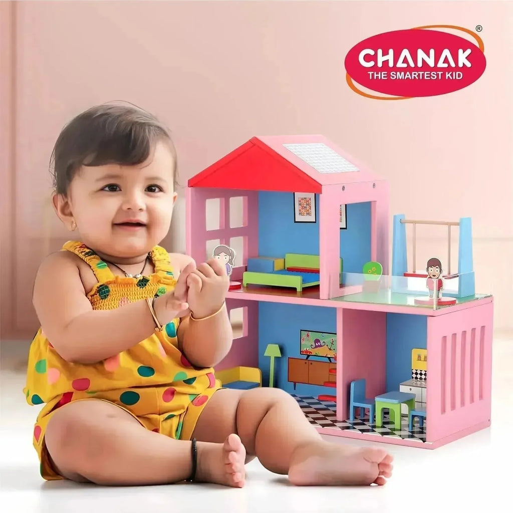 Chanak Wooden Doll House with Furniture & Accessories for Kids - Naivri