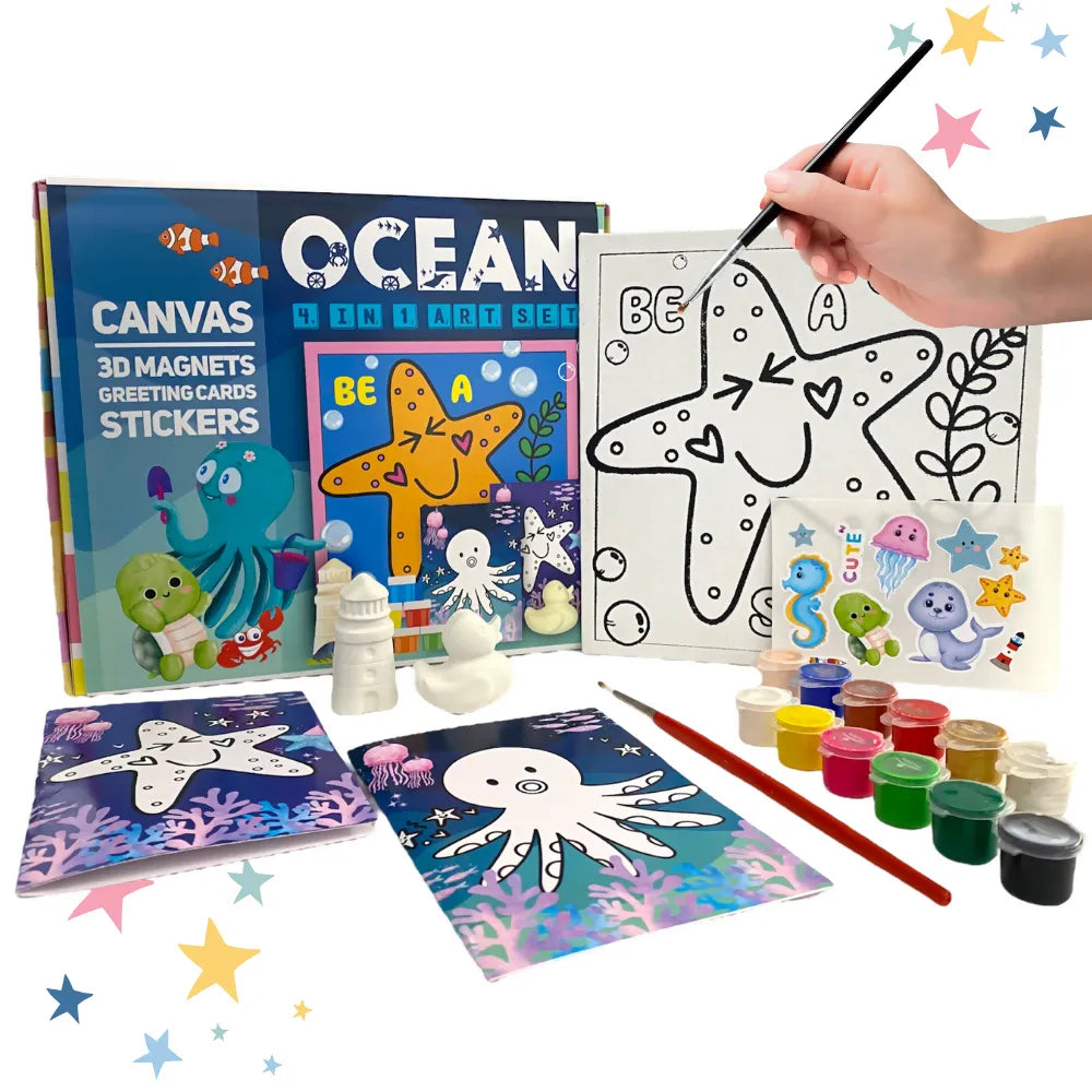 Craftopedia 4 In 1 Canvas Set – Ocean | DIY Underwater Painting Kit for Kids | Marine Life Pre-Drawn Canvases | Creative Gift for Children - Naivri