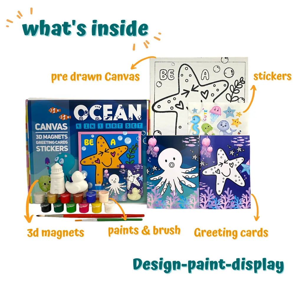 Craftopedia 4 In 1 Canvas Set – Ocean | DIY Underwater Painting Kit for Kids | Marine Life Pre-Drawn Canvases | Creative Gift for Children - Naivri