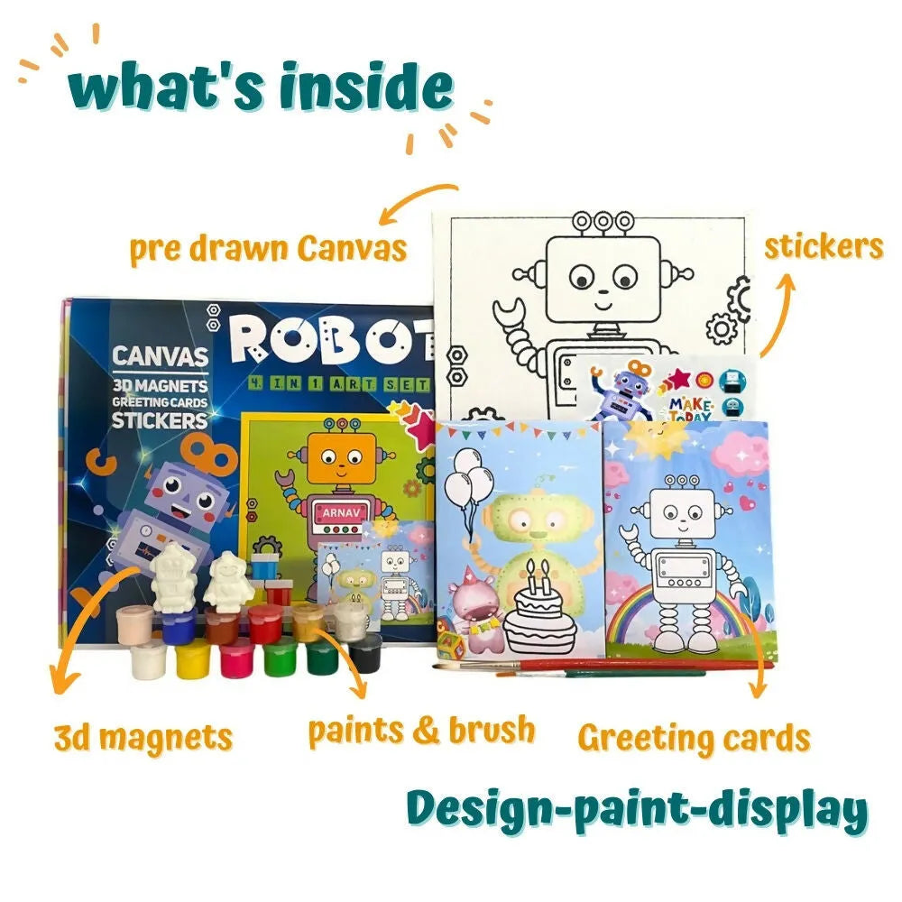 Craftopedia 4 In 1 Canvas Set - Robot | Creative DIY Painting Kit for Kids | Fun Art Activity for Young Artists - Naivri