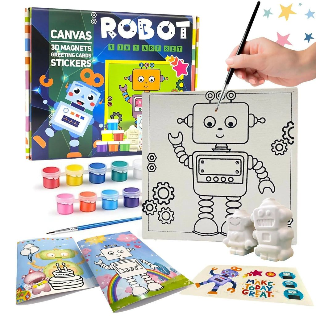Craftopedia 4 In 1 Canvas Set - Robot | Creative DIY Painting Kit for Kids | Fun Art Activity for Young Artists - Naivri