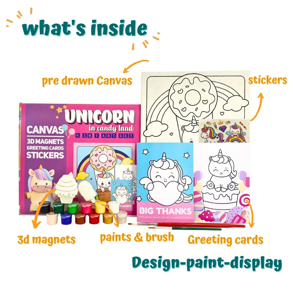 Craftopedia 4 In 1 Canvas Set – Unicorns In Candyland | DIY Painting Kit for Kids | Pre-Drawn Canvases | Magical Art Gift - Naivri