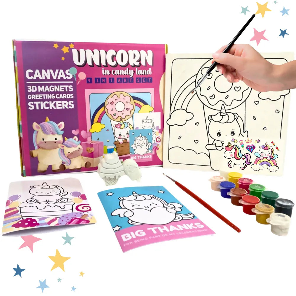 Craftopedia 4 In 1 Canvas Set – Unicorns In Candyland | DIY Painting Kit for Kids | Pre-Drawn Canvases | Magical Art Gift - Naivri