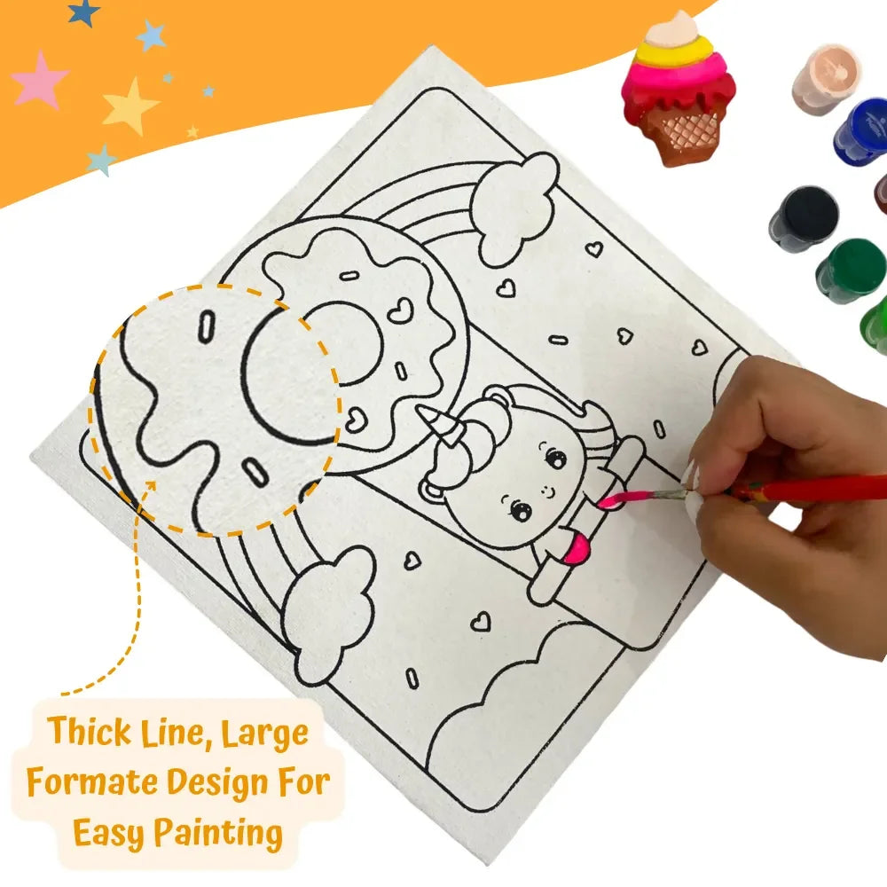 Craftopedia 4 In 1 Canvas Set – Unicorns In Candyland | DIY Painting Kit for Kids | Pre-Drawn Canvases | Magical Art Gift - Naivri