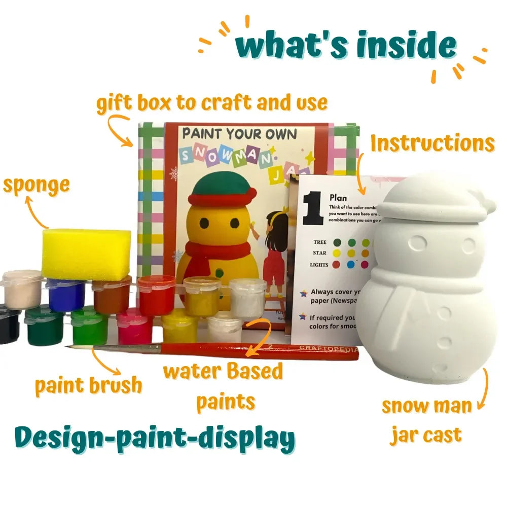 Craftopedia Paint Your Own Planter - Snowman Jar | Winter DIY Craft Kit for Kids | Holiday Decor Craft - Naivri