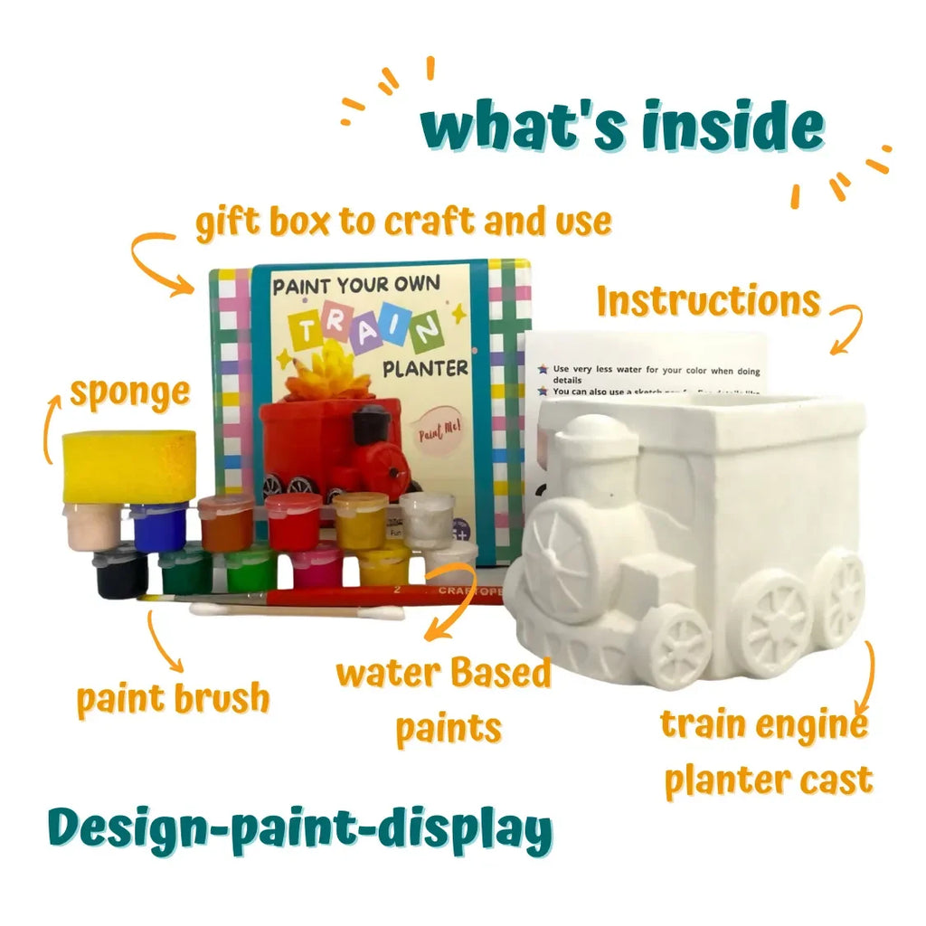 Craftopedia Paint Your Own Planter - Train | DIY Art Kit for Kids | Creative Ceramic Planter Set - Naivri