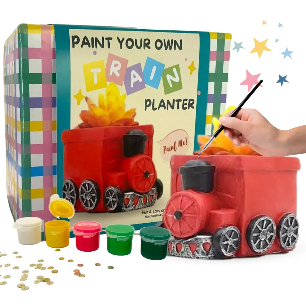 Craftopedia Paint Your Own Planter - Train | DIY Art Kit for Kids | Creative Ceramic Planter Set - Naivri