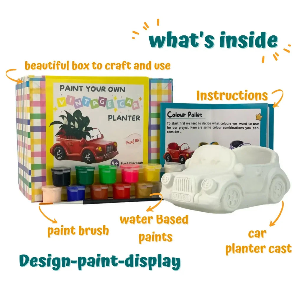 Craftopedia Paint Your Own Planter – Vintage Car | DIY Ceramic Planter Painting Kit for Kids | Creative Craft Activity - Naivri