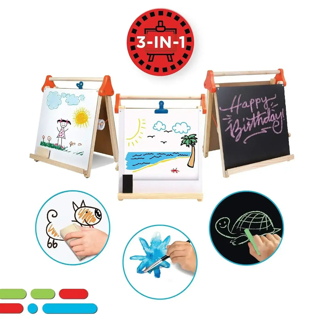 Discovery Kids Wooden Art Station Easel – 3-in-1 Creative Tabletop for Drawing & Learning - Naivri