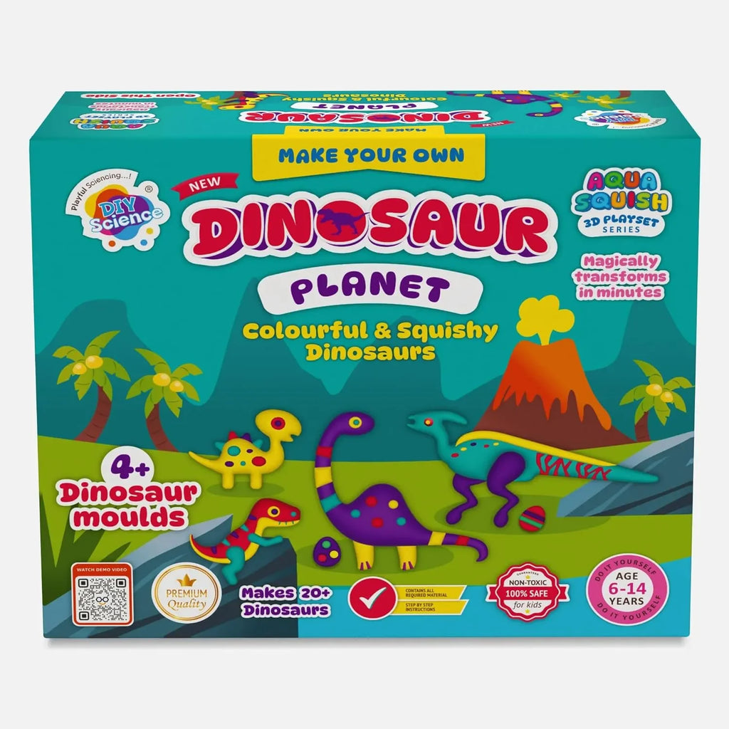 DIYScience® Dinosaur Planet Aqua Squish Kit | Make More Than 20 3D Colorful Soft and Squishy Dinosaurs | Magic Water Elf Gel Toys for Girls and Boys | 4 Dinosaur Moulds | Ideal for Birthday Gift - Naivri