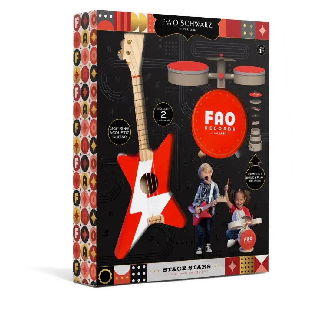 FAO Schwarz Wooden Guitar & Drum Set for Kids | Musical Instrument Playset - Naivri