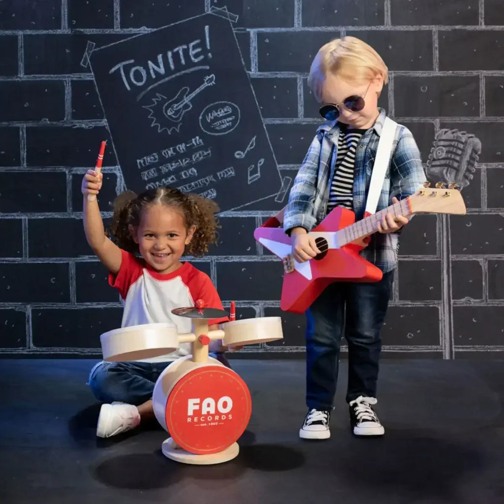 FAO Schwarz Wooden Guitar & Drum Set for Kids | Musical Instrument Playset - Naivri