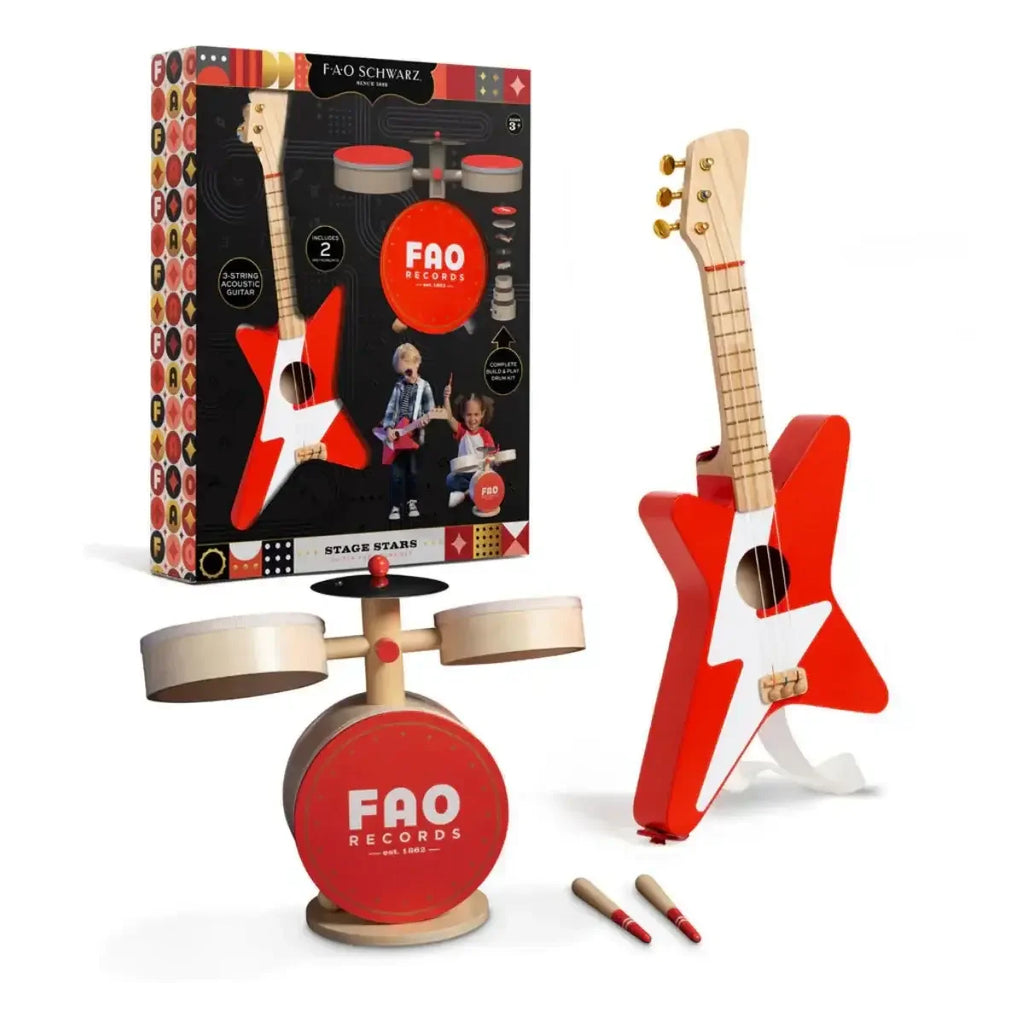 FAO Schwarz Wooden Guitar & Drum Set for Kids | Musical Instrument Playset - Naivri