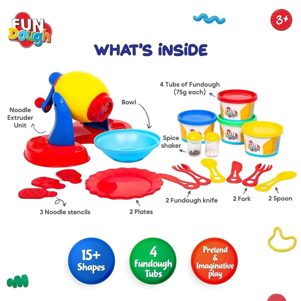 Funskool Fundough Noodle Party Playset – Creative Pretend Food Dough Set with 4 Colours (75g Each) & Noodle-Making Tools - Naivri
