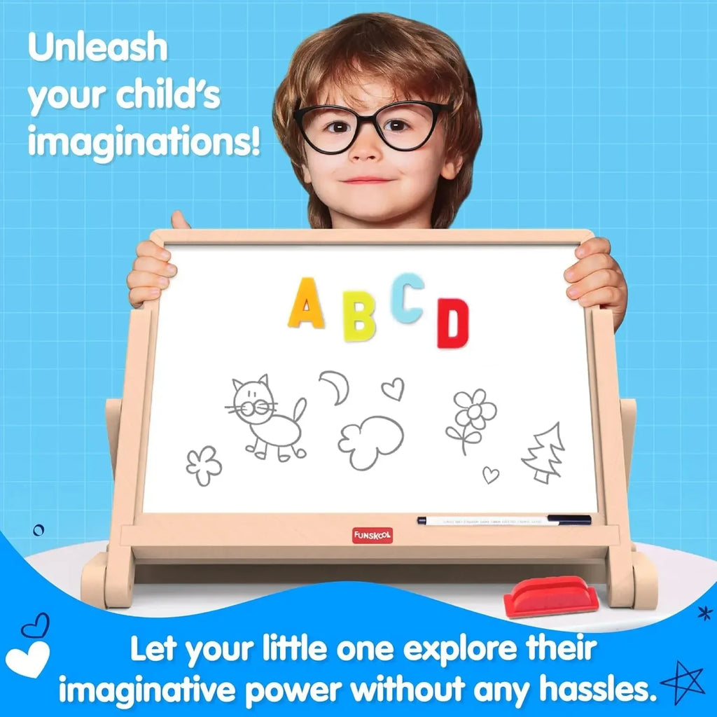 Funskool Giggles 4-in-1 Adjustable Draw N Write Desktop Slate | Easel – Wooden Magnetic Educational Toy for Kids - Naivri