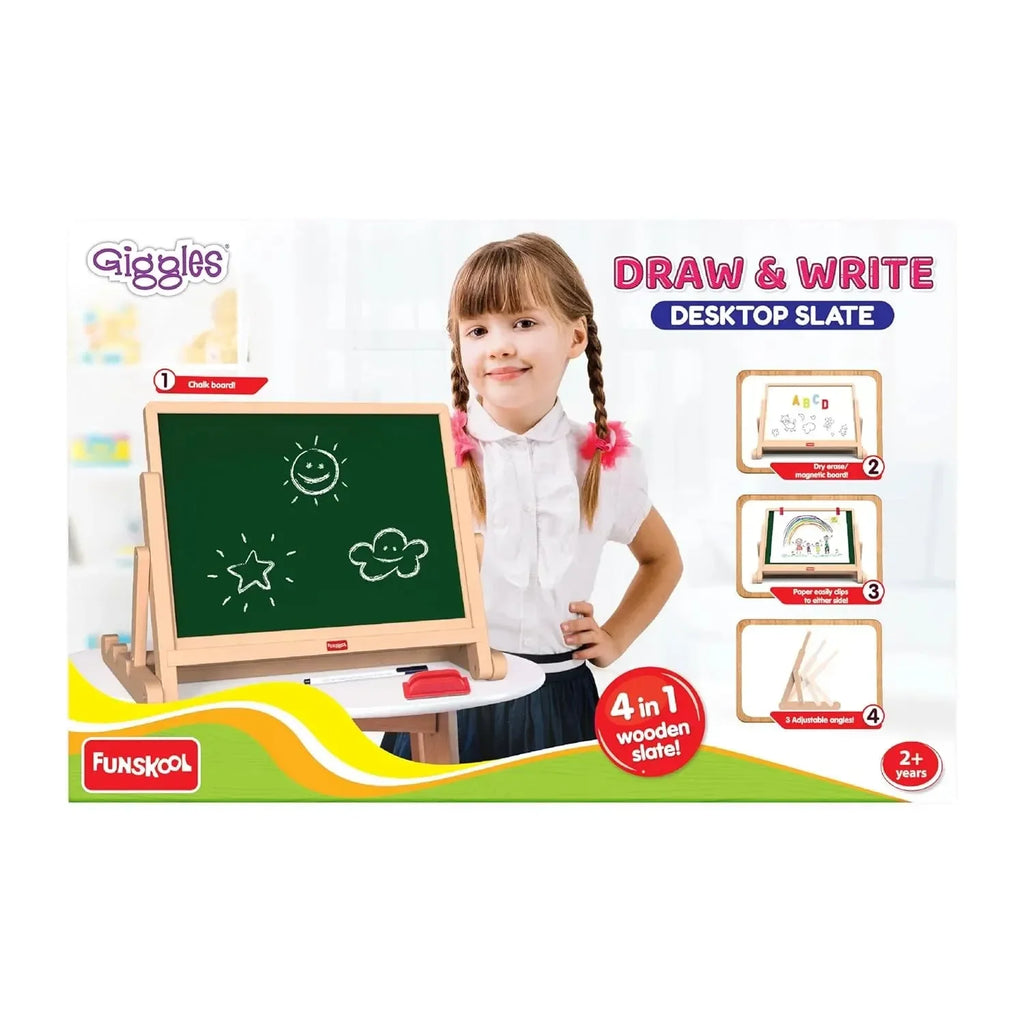 Funskool Giggles 4-in-1 Adjustable Draw N Write Desktop Slate | Easel – Wooden Magnetic Educational Toy for Kids - Naivri