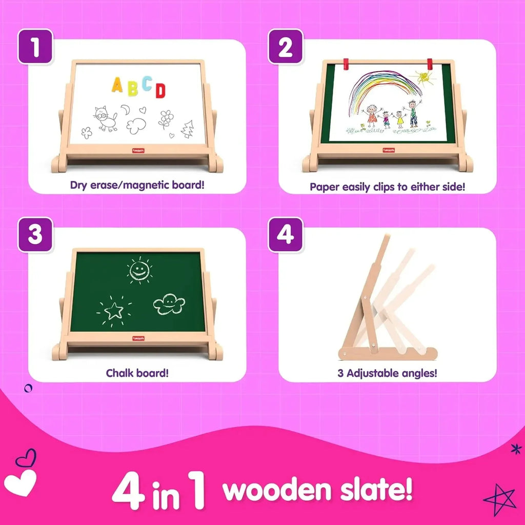 Funskool Giggles 4-in-1 Adjustable Draw N Write Desktop Slate | Easel – Wooden Magnetic Educational Toy for Kids - Naivri
