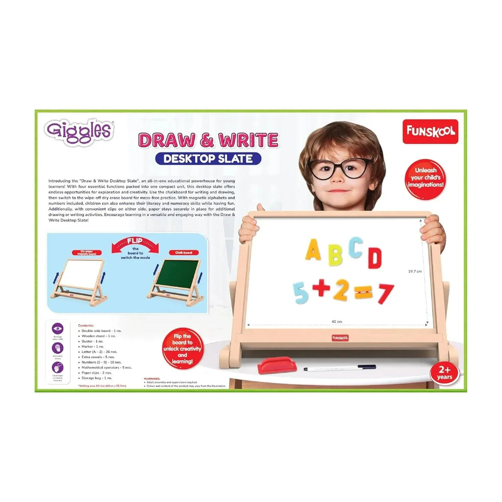 Funskool Giggles 4-in-1 Adjustable Draw N Write Desktop Slate | Easel – Wooden Magnetic Educational Toy for Kids - Naivri