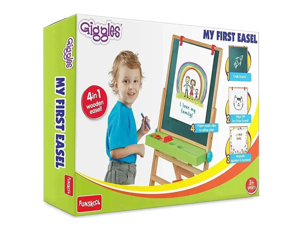 Funskool Giggles My First Easel – 4-in-1 Wooden Learning Easel for Kids | Magnetic Board, Whiteboard, Chalkboard, Paper Clip | Adjustable Height | Age 3+ - Naivri