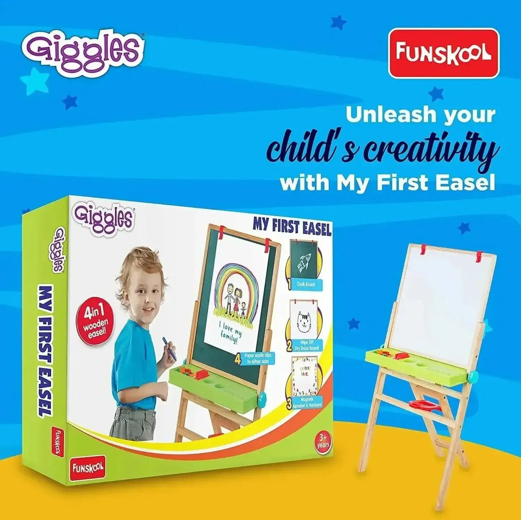 Funskool Giggles My First Easel – 4-in-1 Wooden Learning Easel for Kids | Magnetic Board, Whiteboard, Chalkboard, Paper Clip | Adjustable Height | Age 3+ - Naivri