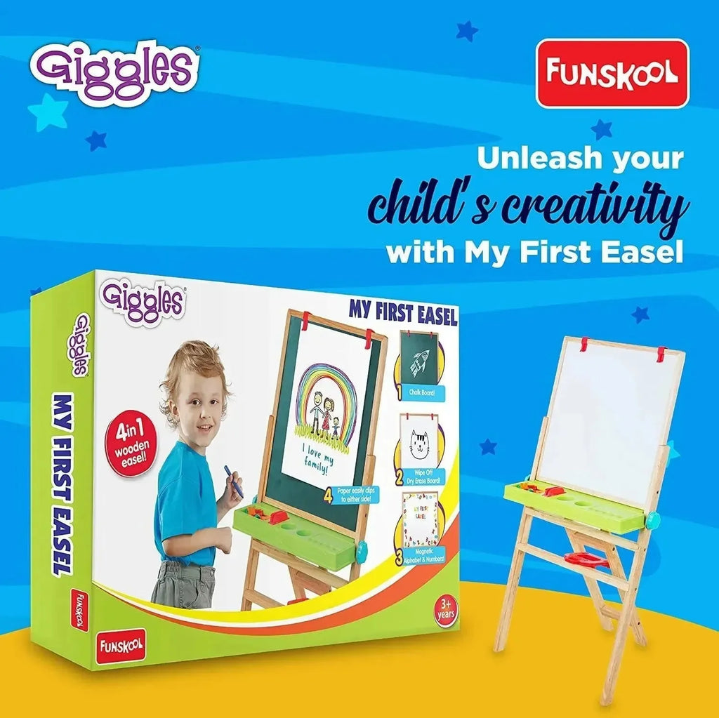 Funskool Giggles My First Easel – 4-in-1 Wooden Learning Easel for Kids | Magnetic Board, Whiteboard, Chalkboard, Paper Clip | Adjustable Height | Age 3+ - Naivri