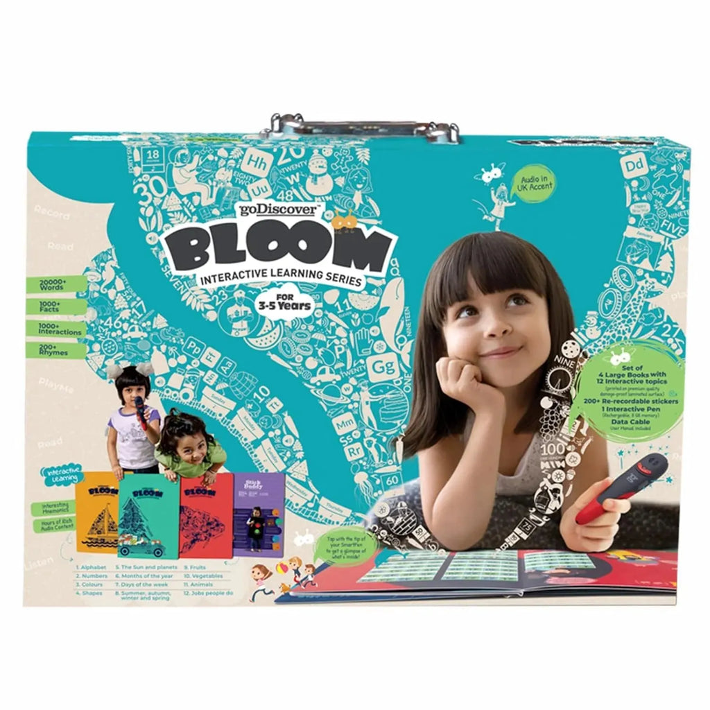 Godiscover Bloom Interactive Learning Series | Smart Talking Pen + 3 Interactive Sturdy Books + 1 Sticker Book | Audio Learning Kit for Kids | Early Childhood Education | Custom Re-recordable Stickers - Naivri
