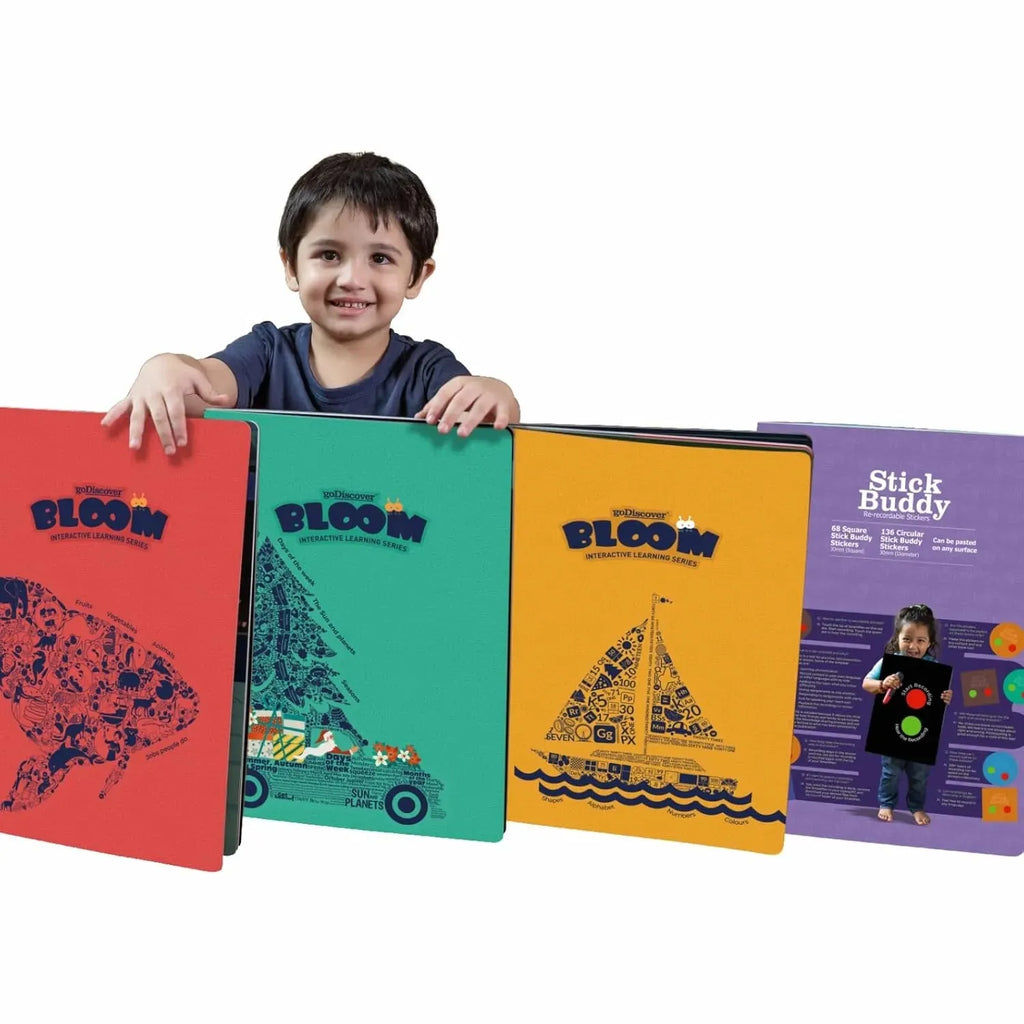 Godiscover Bloom Interactive Learning Series | Smart Talking Pen + 3 Interactive Sturdy Books + 1 Sticker Book | Audio Learning Kit for Kids | Early Childhood Education | Custom Re-recordable Stickers - Naivri