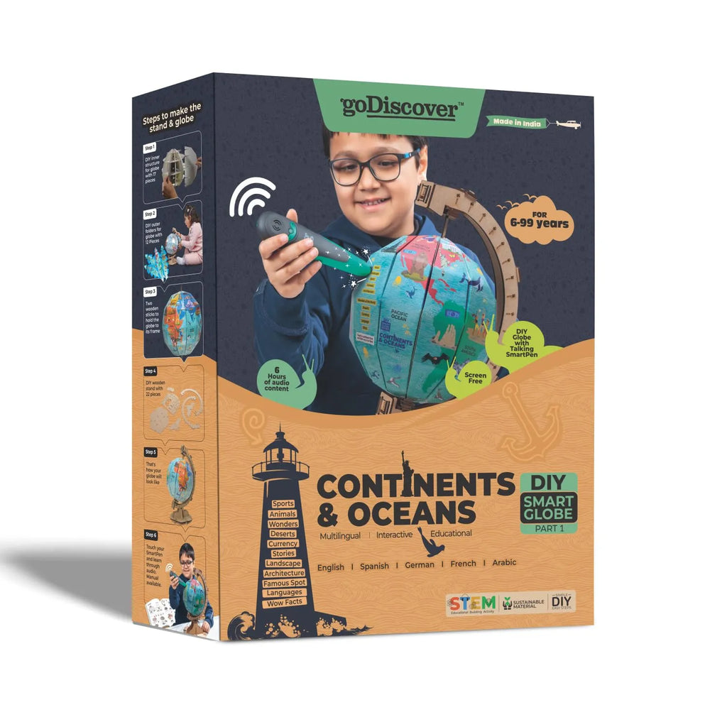 Godiscover Continents & Oceans DIY Interactive Globe with Smart Talking Pen | Learn Geography with 5 Languages | Fun Educational Toy for Kids - Naivri