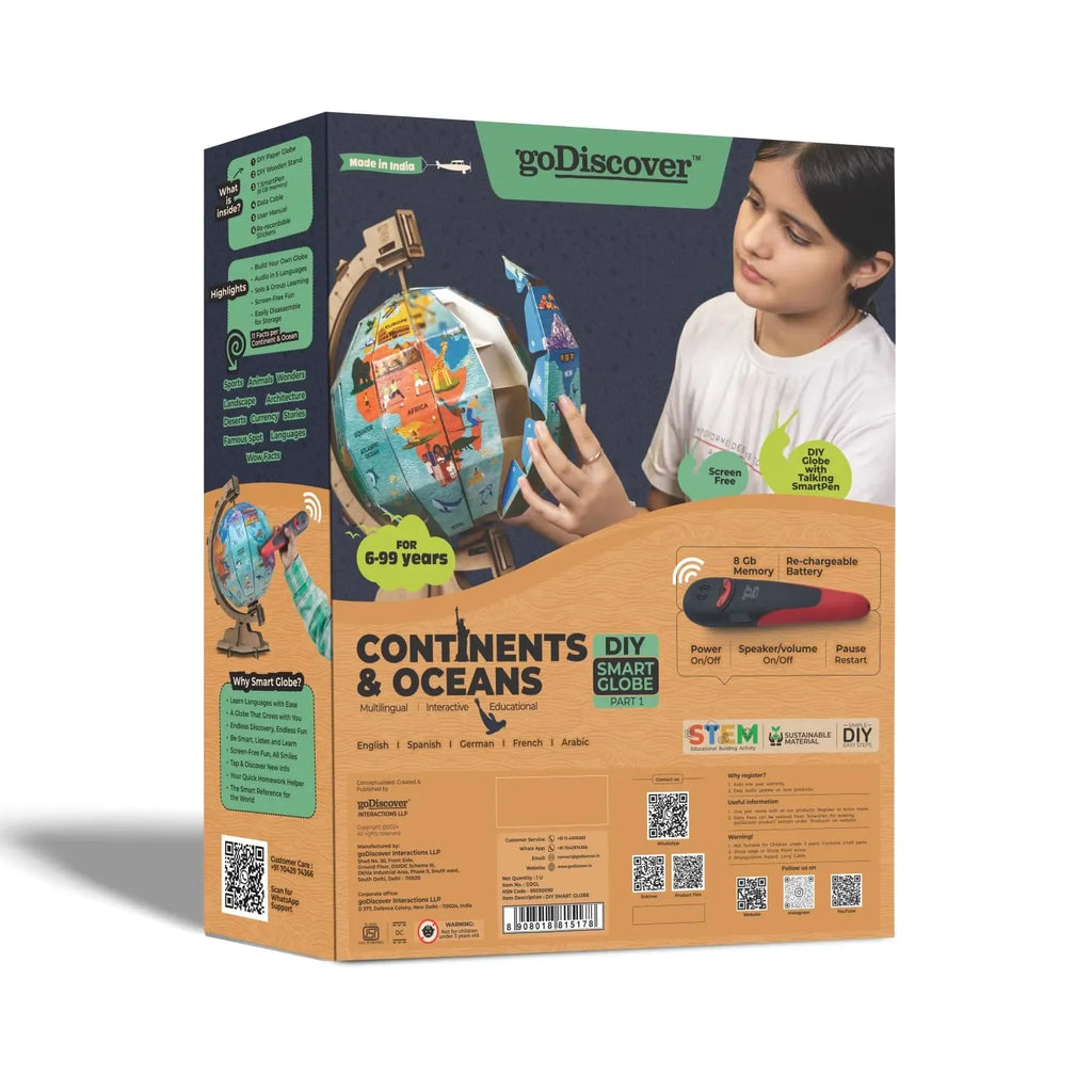 Godiscover Continents & Oceans DIY Interactive Globe with Smart Talking Pen | Learn Geography with 5 Languages | Fun Educational Toy for Kids - Naivri