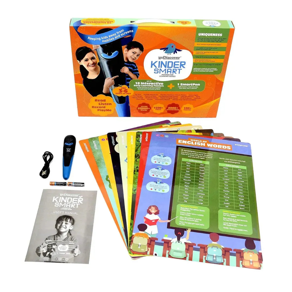 Godiscover Kinder Smart Interactive Learning Series | Interactive Audio Posters + Rechargeable Smart Pen | Educational Kit for Toddlers | Early Learning with Talking Charts - Naivri