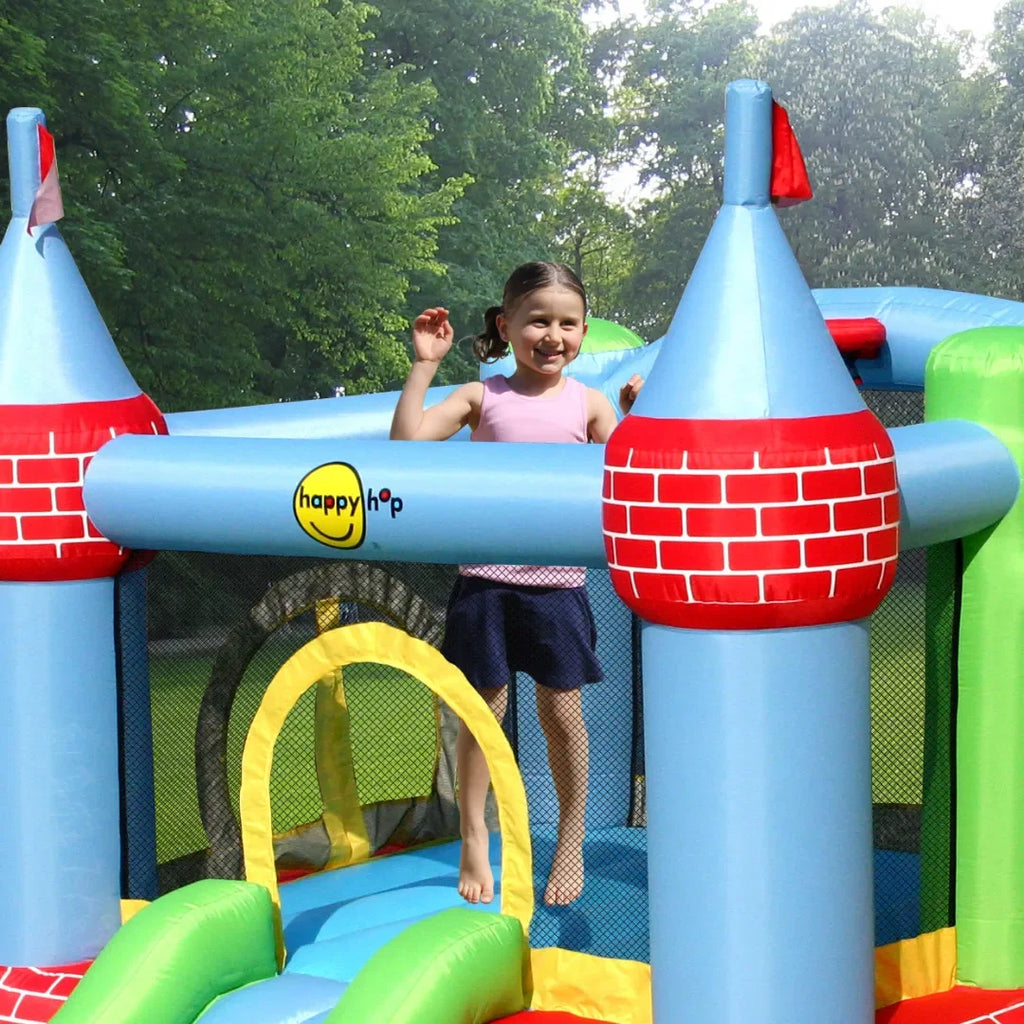 Happy Hop Castle Bouncer With Farmyard Ball Pit – Inflatable Jumping Castle With Slide, Basketball Hoop & Ball Pit - Naivri