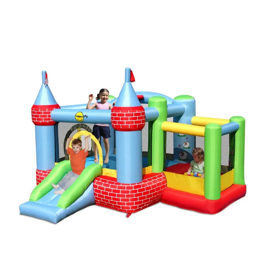 Happy Hop Castle Bouncer With Farmyard Ball Pit – Inflatable Jumping Castle With Slide, Basketball Hoop & Ball Pit - Naivri
