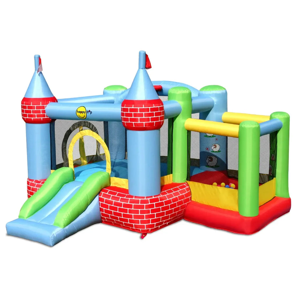 Happy Hop Castle Bouncer With Farmyard Ball Pit – Inflatable Jumping Castle With Slide, Basketball Hoop & Ball Pit - Naivri