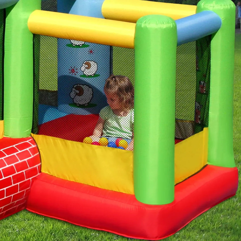 Happy Hop Castle Bouncer With Farmyard Ball Pit – Inflatable Jumping Castle With Slide, Basketball Hoop & Ball Pit - Naivri