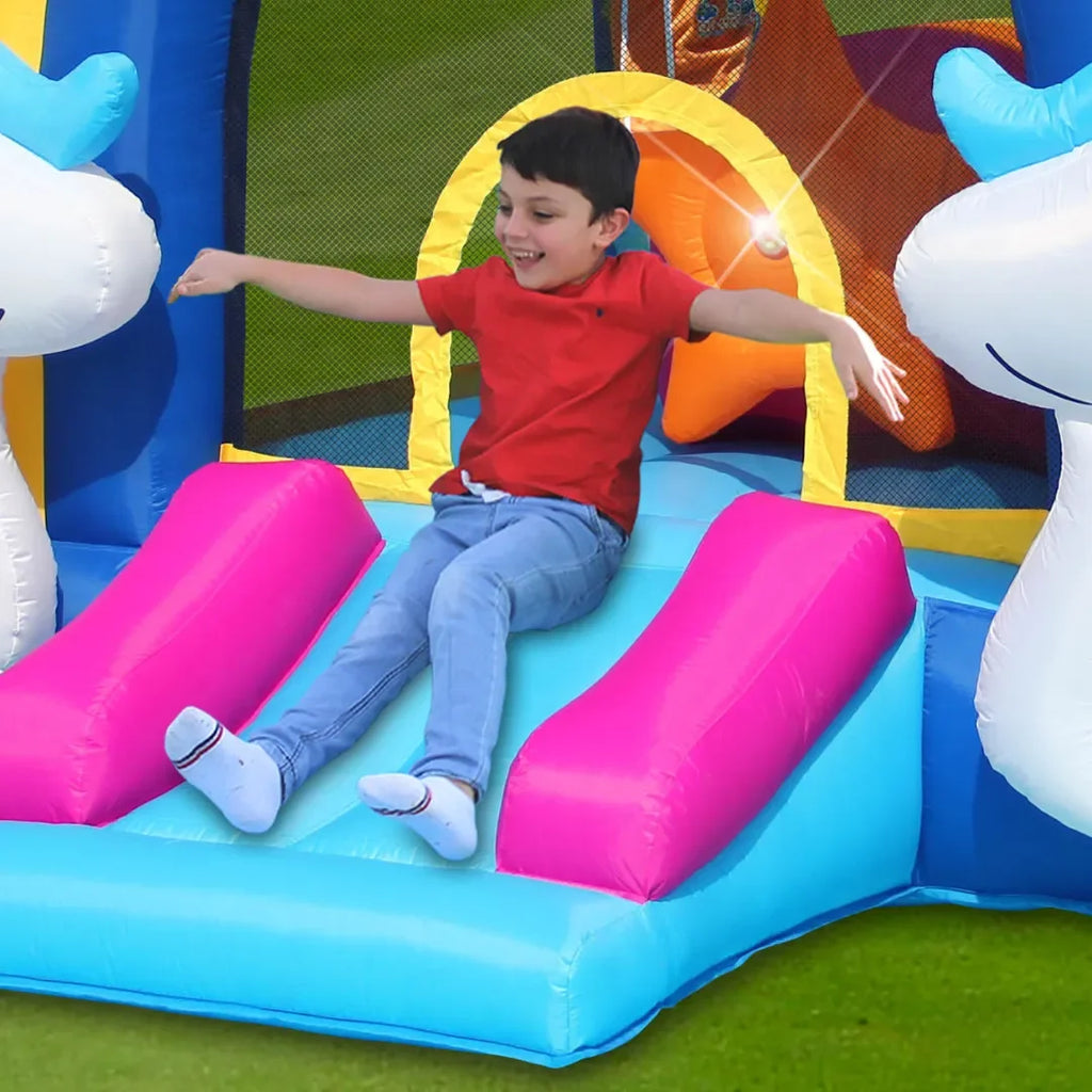 Happy Hop Fantasy Unicorn Inflatable Bouncer – Rainbow-Themed Bounce House with Slide, Sound & Light Buttons for Kids - Naivri