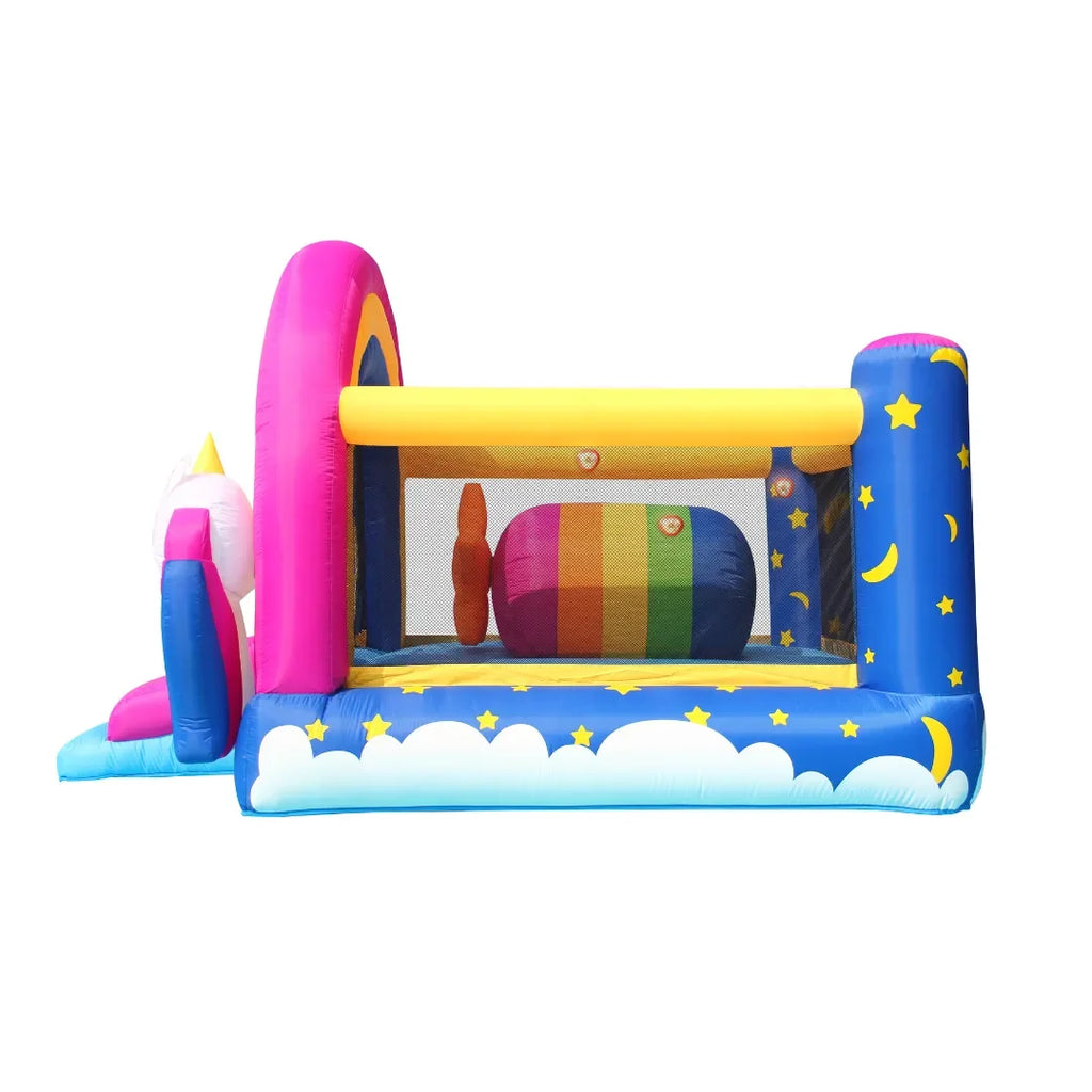 Happy Hop Fantasy Unicorn Inflatable Bouncer – Rainbow-Themed Bounce House with Slide, Sound & Light Buttons for Kids - Naivri