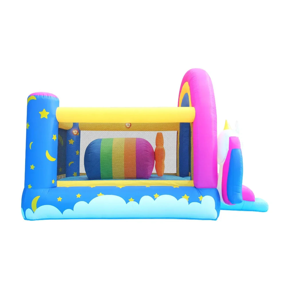 Happy Hop Fantasy Unicorn Inflatable Bouncer – Rainbow-Themed Bounce House with Slide, Sound & Light Buttons for Kids - Naivri