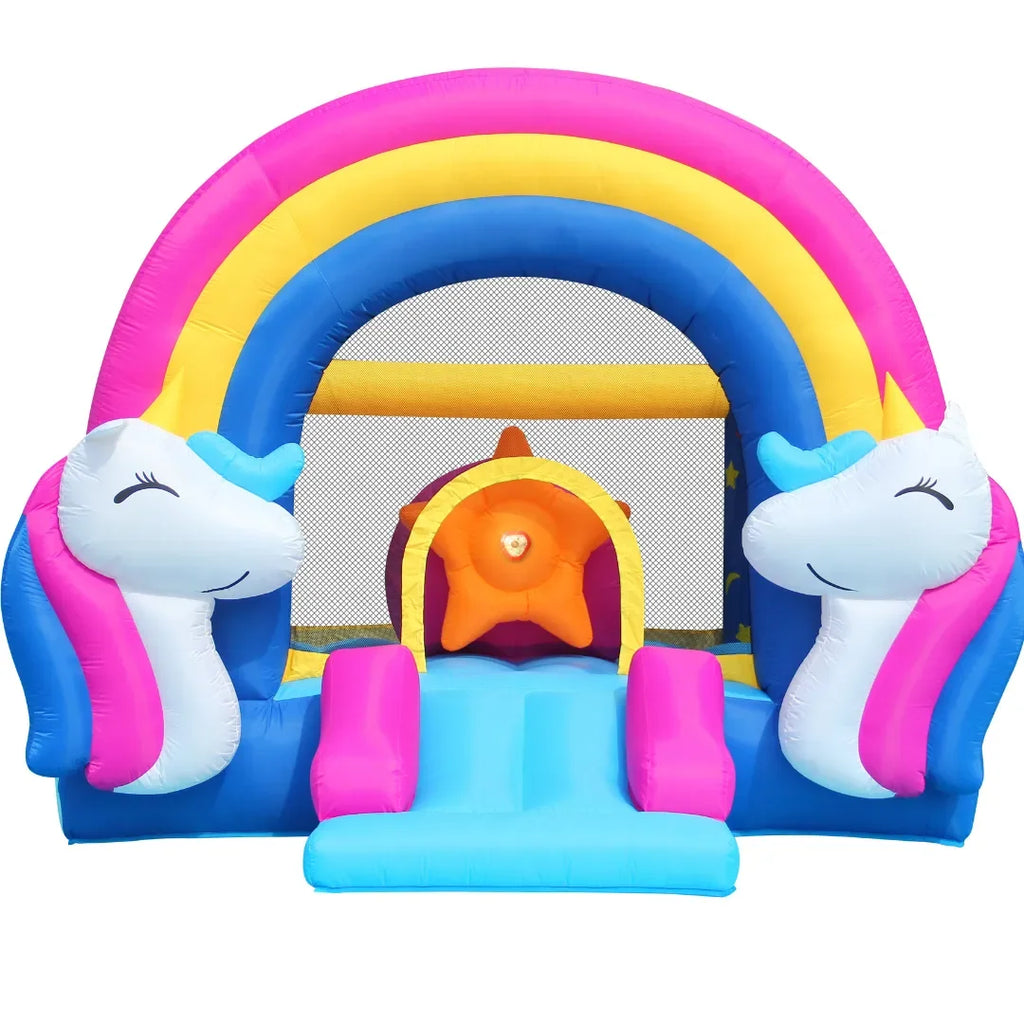 Happy Hop Fantasy Unicorn Inflatable Bouncer – Rainbow-Themed Bounce House with Slide, Sound & Light Buttons for Kids - Naivri