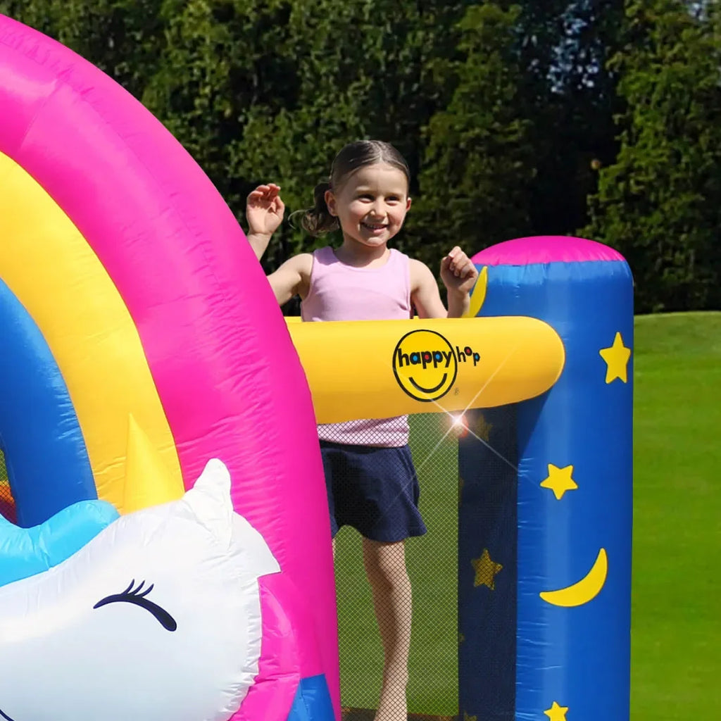 Happy Hop Fantasy Unicorn Inflatable Bouncer – Rainbow-Themed Bounce House with Slide, Sound & Light Buttons for Kids - Naivri