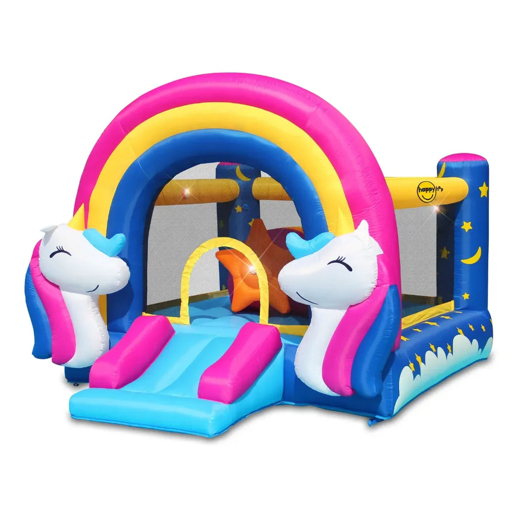 Happy Hop Fantasy Unicorn Inflatable Bouncer – Rainbow-Themed Bounce House with Slide, Sound & Light Buttons for Kids - Naivri