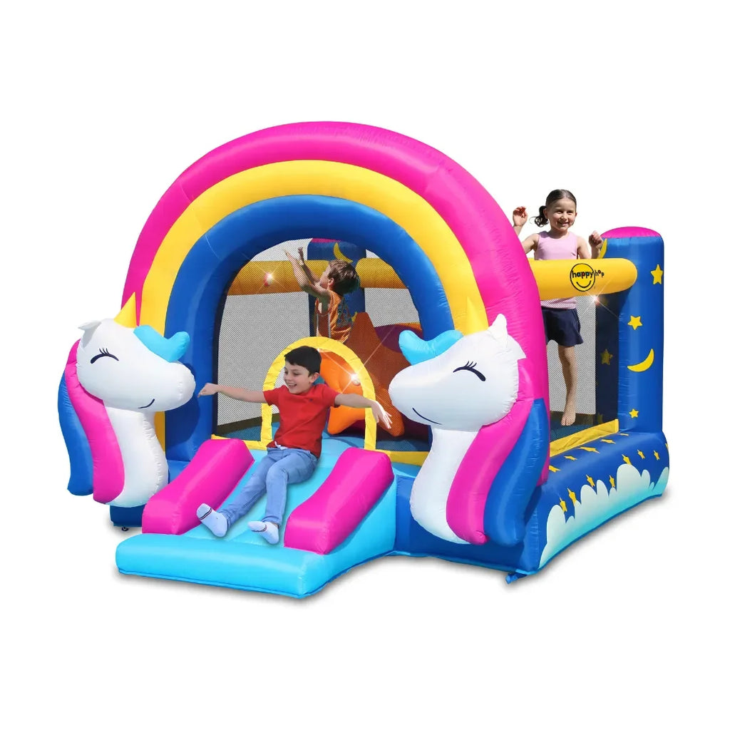 Happy Hop Fantasy Unicorn Inflatable Bouncer – Rainbow-Themed Bounce House with Slide, Sound & Light Buttons for Kids - Naivri